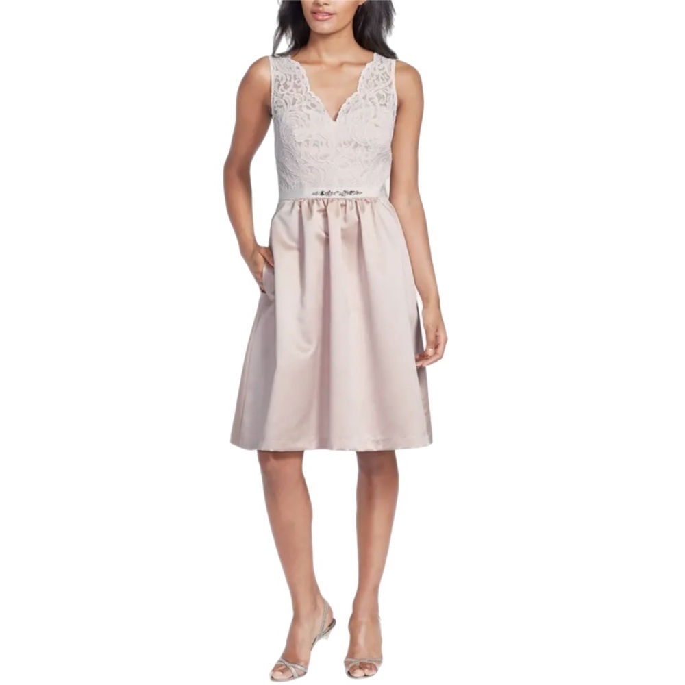 After Six Lace Satin Fit & Flare Cocktail Dress 6707 Beige Pink Size 0